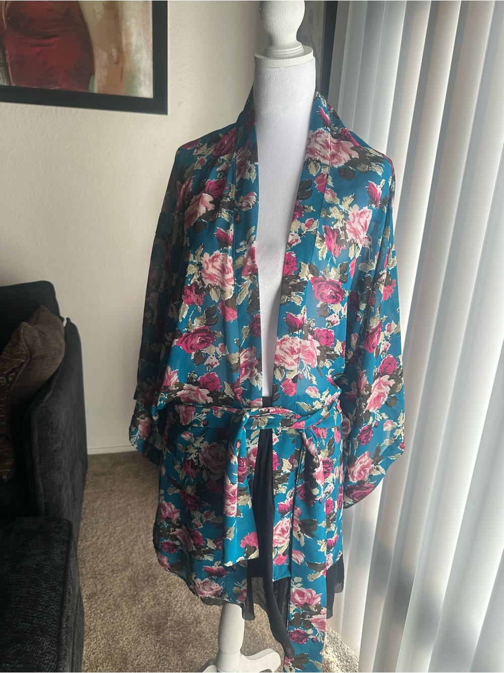 Show Me Your MuMu Teal Floral Satin Kimono Robe with Pink Roses